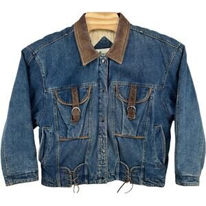 Vintage 90s Men's Western Blue Denim Jean Trucker Jacket Sz S W/ Leather Collar